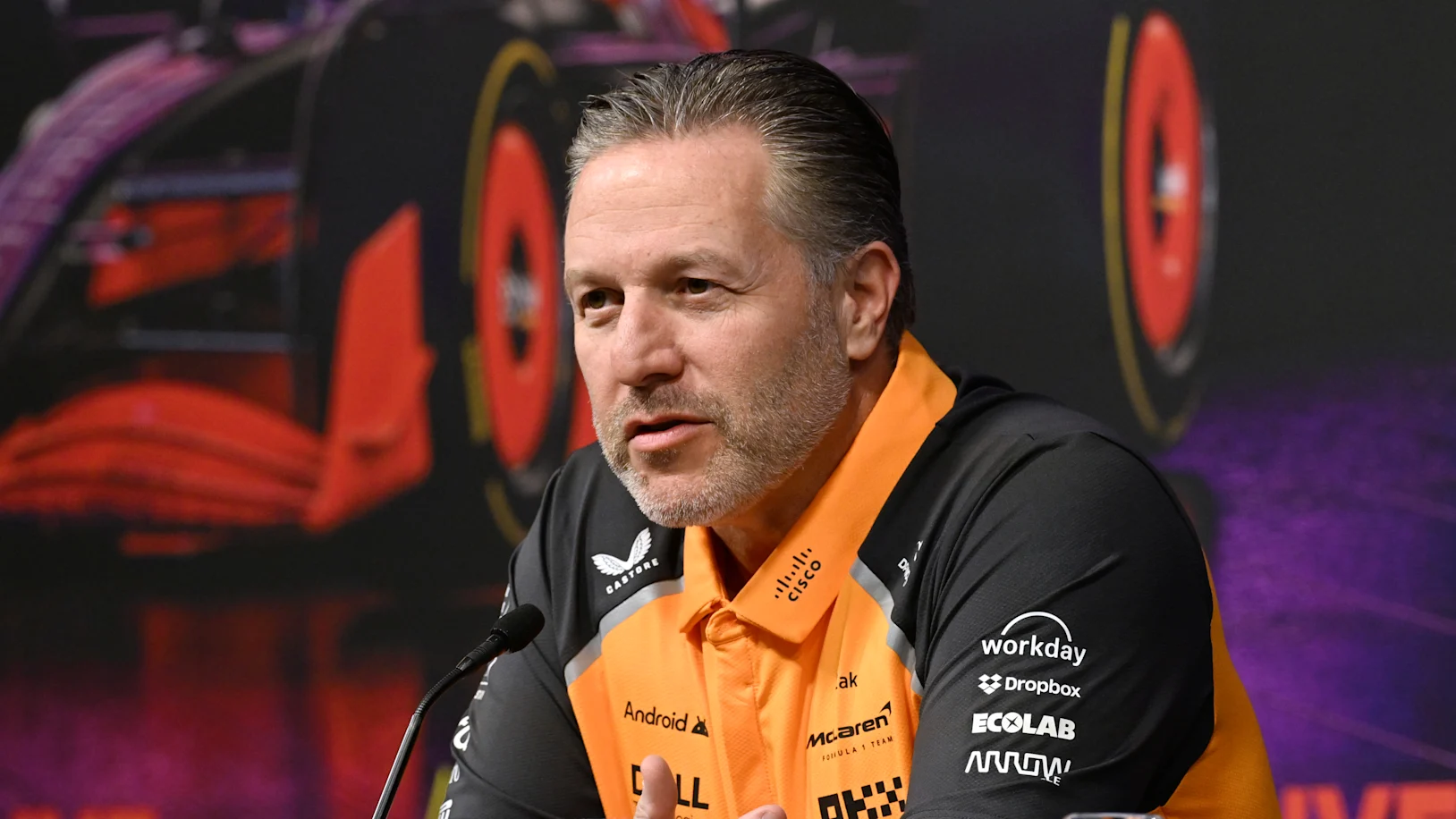 LONDON, ENGLAND - FEBRUARY 18: Zak Brown, Chief Executive Officer of McLaren talks to the media