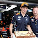 2017: Verstappen poses with Horner and a birthday cake to celebrate his 20th birthday before final practice for the Malaysian Grand Prix
