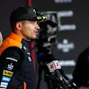 NORTHAMPTON, ENGLAND - JULY 07: Lando Norris of McLaren and Great Britain talks to the press during the F1 Grand Prix of Great Britain at Silverstone Circuit on July 07, 2024 in Northampton, England. (Photo by Peter Fox - Formula 1/Formula 1 via Getty Images)