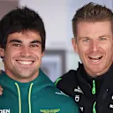 SAO PAULO, BRAZIL - NOVEMBER 09: Lance Stroll of Canada and Aston Martin F1 Team and Nico Hulkenberg of Germany and Stake F1 Team Kick Sauber in the Forest F1 garage prior to the F1 Grand Prix of Brazil at Autodromo Jose Carlos Pace on November 09, 2025 in Sao Paulo, Brazil. (Photo by Anni Graf - Formula 1/Formula 1 via Getty Images)