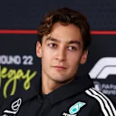 LAS VEGAS, NEVADA - NOVEMBER 19: George Russell of Great Britain and Mercedes AMG Petronas F1 Team looks on in the Drivers Press Conference during previews ahead of the F1 Grand Prix of Las Vegas at Las Vegas Strip Circuit on November 19, 2025 in Las Vegas, Nevada. (Photo by Clive Rose/Getty Images)
