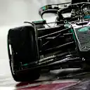 LAS VEGAS, NEVADA - NOVEMBER 21: George Russell of Great Britain driving the (63) Mercedes AMG Petronas F1 Team W16 on track during qualifying ahead of the F1 Grand Prix of Las Vegas at Las Vegas Strip Circuit on November 21, 2025 in Las Vegas, Nevada. (Photo by Clive Rose/Getty Images)