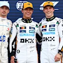 MONTE-CARLO, MONACO - MAY 24: Pole position qualifier Lando Norris of Great Britain and McLaren Second placed qualifier Charles Leclerc of Monaco and Scuderia Ferrari and Third placed qualifier Oscar Piastri of Australia and McLaren during qualifying ahead of the F1 Grand Prix of Monaco at Circuit de Monaco on May 24, 2025 in Monte-Carlo, Monaco (Photo by Bryn Lennon - Formula 1/Formula 1 via Getty Images)