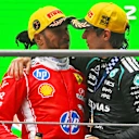 SHANGHAI, CHINA - MARCH 15: Race winner Andrea Kimi Antonelli of Italy and Mercedes AMG Petronas F1 Team and Third placed Lewis Hamilton of Great Britain and Scuderia Ferrari congratulate each other on the podium during the F1 Grand Prix of China at Shanghai International Circuit on March 15, 2026 in Shanghai, China. (Photo by Rudy Carezzevoli/Getty Images)