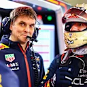 NORTHAMPTON, ENGLAND - JULY 11: Daniel Ricciardo of Australia and Oracle Red Bull Racing talks with Ben Waterhouse, Head of Performance Engineering of Red Bull Racing in the garage during Formula 1 testing at Silverstone Circuit on July 11, 2023 in Northampton, England. (Photo by Mark Thompson/Getty Images)