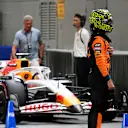 SINGAPORE, SINGAPORE - OCTOBER 04: Fifth placed qualifier Lando Norris of Great Britain and McLaren in parc ferme during qualifying ahead of the F1 Grand Prix of Singapore at Marina Bay Street Circuit on October 04, 2025 in Singapore, Singapore. (Photo by Rudy Carezzevoli/Getty Images)