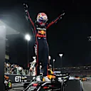 ABU DHABI, UNITED ARAB EMIRATES - DECEMBER 07: Race winner Max Verstappen of the Netherlands and Oracle Red Bull Racing celebrates on arrival in parc ferme during the F1 Grand Prix of Abu Dhabi at Yas Marina Circuit on December 07, 2025 in Abu Dhabi, United Arab Emirates. (Photo by Mark Thompson/Getty Images)