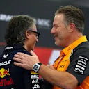 ABU DHABI, UNITED ARAB EMIRATES - DECEMBER 05: Laurent Mekies, Team Principal of Oracle Red Bull Racing and Zak Brown, Chief Executive Officer of McLaren in the Team Principals Press Conference during practice ahead of the F1 Grand Prix of Abu Dhabi at Yas Marina Circuit on December 05, 2025 in Abu Dhabi, United Arab Emirates. (Photo by Bryn Lennon/Getty Images)