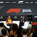 ABU DHABI, UNITED ARAB EMIRATES - DECEMBER 05: Jonathan Wheatley, Team Principal of Stake F1 Team Kick Sauber Zak Brown, Chief Executive Officer of McLaren and Laurent Mekies, Team Principal of Oracle Red Bull Racing in the Team Principals Press Conference  during practice ahead of the F1 Grand Prix of Abu Dhabi at Yas Marina Circuit on December 05, 2025 in Abu Dhabi, United Arab Emirates. (Photo by Bryn Lennon/Getty Images)