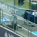 SPIELBERG, AUSTRIA - JUNE 29: Carlos Sainz of Spain driving the (55) Williams FW47 Mercedes catches fire in the Pitlane during the F1 Grand Prix of Austria at Red Bull Ring on June 29, 2025 in Spielberg, Austria. (Photo by Malcolm Griffiths - Formula 1/Formula 1 via Getty Images)