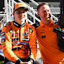 SPIELBERG, AUSTRIA - JUNE 28: Third placed qualifier Oscar Piastri of Australia and McLaren in parc ferme with a teammate during qualifying ahead of the F1 Grand Prix of Austria at Red Bull Ring on June 28, 2025 in Spielberg, Austria. (Photo by Mark Sutton - Formula 1/Formula 1 via Getty Images)