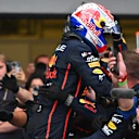BAKU, AZERBAIJAN - SEPTEMBER 21: Race winner Max Verstappen of the Netherlands and Oracle Red Bull Racing celebrates in parc ferme with his team during the F1 Grand Prix of Azerbaijan at Baku City Circuit on September 21, 2025 in Baku, Azerbaijan. (Photo by Rudy Carezzevoli/Getty Images)