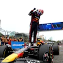 BAKU, AZERBAIJAN - SEPTEMBER 21: Race winner Max Verstappen of the Netherlands and Oracle Red Bull Racing celebrates on arrival in parc ferme during the F1 Grand Prix of Azerbaijan at Baku City Circuit on September 21, 2025 in Baku, Azerbaijan. (Photo by Bryn Lennon - Formula 1/Formula 1 via Getty Images)