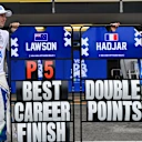 BAKU, AZERBAIJAN - SEPTEMBER 21: Fifth placed Liam Lawson of New Zealand and Visa Cash App Racing Bulls and Tenth placed Isack Hadjar of France and Visa Cash App Racing Bulls celebrate during the F1 Grand Prix of Azerbaijan at Baku City Circuit on September 21, 2025 in Baku, Azerbaijan. (Photo by Rudy Carezzevoli/Getty Images)