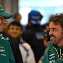 SPA, BELGIUM - JULY 27: Lance Stroll of Canada and Aston Martin F1 Team and Fernando Alonso of Spain and Aston Martin F1 Team talk on the drivers parade prior to the F1 Grand Prix of Belgium at Circuit de Spa-Francorchamps on July 27, 2025 in Spa, Belgium. (Photo by Rudy Carezzevoli/Getty Images)