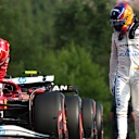 SPA, BELGIUM - JULY 25: Charles Leclerc of Monaco and Scuderia Ferrari and Carlos Sainz of Spain and Williams in parc ferme during Sprint qualifying ahead of the F1 Grand Prix of Belgium at Circuit de Spa-Francorchamps on July 25, 2025 in Spa, Belgium. (Photo by Mark Thompson/Getty Images)