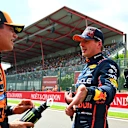 SPA, BELGIUM - JULY 26: Sprint winner Max Verstappen of the Netherlands and Oracle Red Bull Racing and Third placed Lando Norris of Great Britain and McLaren talk in parc ferme during the Sprint ahead of the F1 Grand Prix of Belgium at Circuit de Spa-Francorchamps on July 26, 2025 in Spa, Belgium. (Photo by Mark Sutton - Formula 1/Formula 1 via Getty Images)