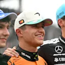 SAO PAULO, BRAZIL - NOVEMBER 08: Sprint winner Lando Norris of Great Britain and McLaren, Second placed Andrea Kimi Antonelli of Italy and Mercedes AMG Petronas F1 Team, and Third placed George Russell of Great Britain and Mercedes AMG Petronas F1 Team pose for a photo during the Sprint ahead of the F1 Grand Prix of Brazil at Autodromo Jose Carlos Pace on November 08, 2025 in Sao Paulo, Brazil. (Photo by Rudy Carezzevoli/Getty Images)