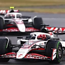 NORTHAMPTON, ENGLAND - JULY 06: Esteban Ocon of France driving the (31) Haas F1 VF-25 Ferrari leads Oliver Bearman of Great Britain driving the (87) Haas F1 VF-25 Ferrari on track during the F1 Grand Prix of Great Britain at Silverstone Circuit on July 06, 2025 in Northampton, England. (Photo by Clive Rose/Getty Images)