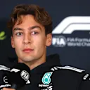 NORTHAMPTON, ENGLAND - JULY 03: George Russell of Great Britain and Mercedes AMG Petronas F1 Team in the Drivers Press Conference during previews ahead of the F1 Grand Prix of Great Britain at Silverstone Circuit on July 03, 2025 in Northampton, England. (Photo by Clive Rose/Getty Images)