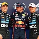 NORTHAMPTON, ENGLAND - JULY 05: Pole position qualifier Max Verstappen of the Netherlands and Oracle Red Bull Racing Second placed qualifier Oscar Piastri of Australia and McLaren and Third placed qualifier Lando Norris of Great Britain and McLaren during qualifying ahead of the F1 Grand Prix of Great Britain at Silverstone Circuit on July 05, 2025 in Northampton, England. (Photo by Bryn Lennon - Formula 1/Formula 1 via Getty Images)