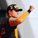 BUDAPEST, HUNGARY - AUGUST 03: Race winner Lando Norris of Great Britain and McLaren celebrates on the podium during the F1 Grand Prix of Hungary at Hungaroring on August 03, 2025 in Budapest, Hungary. (Photo by Mark Thompson/Getty Images)