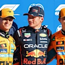 MONZA, ITALY - SEPTEMBER 06: Pole position qualifier Max Verstappen of the Netherlands and Oracle Red Bull Racing Second placed qualifier Lando Norris of Great Britain and McLaren and Third placed qualifier Oscar Piastri of Australia and McLaren during qualifying ahead of the F1 Grand Prix of Italy at Autodromo Nazionale Monza on September 06, 2025 in Monza, Italy. (Photo by Mark Thompson/Getty Images)