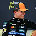 MONZA, ITALY - SEPTEMBER 06: Second placed qualifier Lando Norris of Great Britain and McLaren looks on in the Drivers Press Conference during qualifying ahead of the F1 Grand Prix of Italy at Autodromo Nazionale Monza on September 06, 2025 in Monza, Italy. (Photo by Mark Sutton/Getty Images)