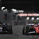 LAS VEGAS, NEVADA - NOVEMBER 22: Lewis Hamilton of Great Britain driving the (44) Scuderia Ferrari SF-25 and  Alexander Albon of Thailand driving the (23) Williams FW47 Mercedes battle for track position during the F1 Grand Prix of Las Vegas at Las Vegas Strip Circuit on November 22, 2025 in Las Vegas, Nevada. (Photo by Rudy Carezzevoli/Getty Images)