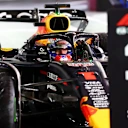 LAS VEGAS, NEVADA - NOVEMBER 21: Second placed qualifier Max Verstappen of the Netherlands and Oracle Red Bull Racing stops in parc ferme during qualifying ahead of the F1 Grand Prix of Las Vegas at Las Vegas Strip Circuit on November 21, 2025 in Las Vegas, Nevada. (Photo by Mark Thompson/Getty Images)