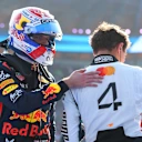 MEXICO CITY, MEXICO - OCTOBER 26: Race winner Lando Norris of Great Britain and McLaren and Third placed Max Verstappen of the Netherlands and Oracle Red Bull Racing talk in parc ferme during the F1 Grand Prix of Mexico at Autodromo Hermanos Rodriguez on October 26, 2025 in Mexico City, Mexico. (Photo by Bryn Lennon - Formula 1/Formula 1 via Getty Images)