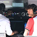 MEXICO CITY, MEXICO - OCTOBER 24: Ayao Komatsu, Team Principal of Haas F1 and Oliver Bearman of Great Britain and Haas F1 on the pit wall during practice ahead of the F1 Grand Prix of Mexico at Autodromo Hermanos Rodriguez on October 24, 2025 in Mexico City, Mexico. (Photo by Mark Sutton - Formula 1/Formula 1 via Getty Images)