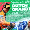 Race winner Oscar Piastri was first on the scene to give Hadjar his congratulations and a classic champagne baptism. Swipe for more photos.