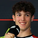 AUSTIN, TEXAS - OCTOBER 16: Oliver Bearman of Great Britain and Haas F1 speaks in the Drivers Press Conference during previews ahead of the F1 Grand Prix of United States at Circuit of The Americas on October 16, 2025 in Austin, Texas. (Photo by Clive Rose/Getty Images)