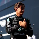 MONTREAL, QUEBEC - MAY 22: Sprint Pole qualifier George Russell of Great Britain and Mercedes AMG Petronas F1 Team celebrates in parc ferme during Sprint Qualifying ahead of the F1 Grand Prix of Canada at Circuit Gilles-Villeneuve on May 22, 2026 in Montreal, Quebec. (Photo by Bryn Lennon - Formula 1/Formula 1 via Getty Images)