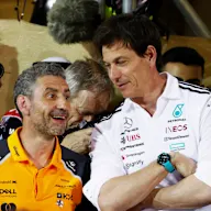 BAHRAIN, BAHRAIN - APRIL 13: Andrea Stella, Team Principal of McLaren and Toto Wolff, Executive