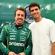 BAHRAIN, BAHRAIN - FEBRUARY 12: Carlos Alcaraz meets Fernando Alonso of Spain and Aston Martin F1