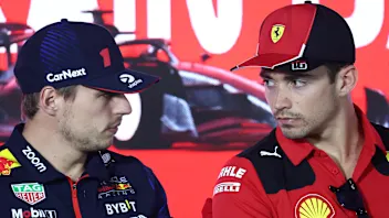 Max Verstappen of Red Bull Racing and Charles Leclerc of Ferrari during the press conference ahead