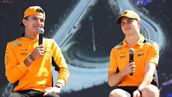 JEDDAH, SAUDI ARABIA - MARCH 17: Lando Norris of Great Britain and McLaren and Oscar Piastri of