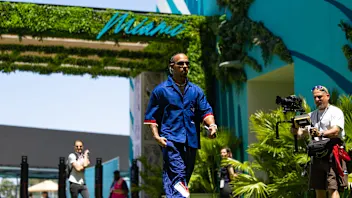 MIAMI, FL - MAY 04: Lewis Hamilton of Great Britain arrives at the track during previews ahead of