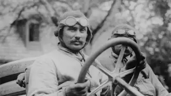 Ferenc Szisz, c1905-c1910(?). Hungarian racing driver Ferenc Szisz pictured at the wheel of his