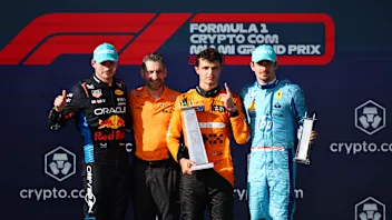 MIAMI, FLORIDA - MAY 05: Race winner Lando Norris of Great Britain and McLaren, Second placed Max
