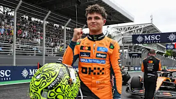 McLaren's British driver Lando Norris celebrates after winning the sprint of the Sao Paulo Formula