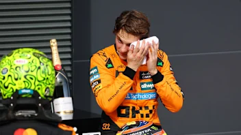 BUDAPEST, HUNGARY - AUGUST 03: Race winner Lando Norris of Great Britain and McLaren and Second