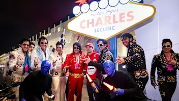 LAS VEGAS - Charles Leclerc (Ferrari) is welcomed upon arrival for the media day prior to the