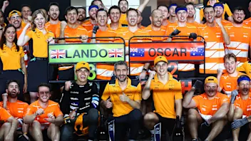 LUSAIL CITY, QATAR - OCTOBER 08: Second placed Oscar Piastri of Australia and McLaren and Third