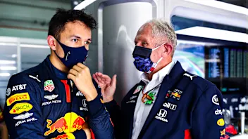 IMOLA, ITALY - OCTOBER 31: Alexander Albon of Thailand and Red Bull Racing talks with Red Bull