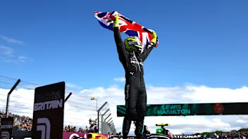 NORTHAMPTON, ENGLAND - JULY 07: Race winner Lewis Hamilton of Great Britain and Mercedes celebrates