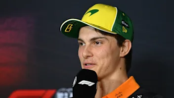 MELBOURNE, AUSTRALIA - MARCH 13: Oscar Piastri of Australia and McLaren is interviewed in the Press