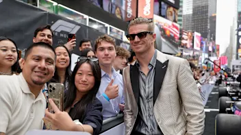 NEW YORK, NEW YORK - JUNE 16: Nico Hülkenberg poses with fans during the World Premiere of F1® The